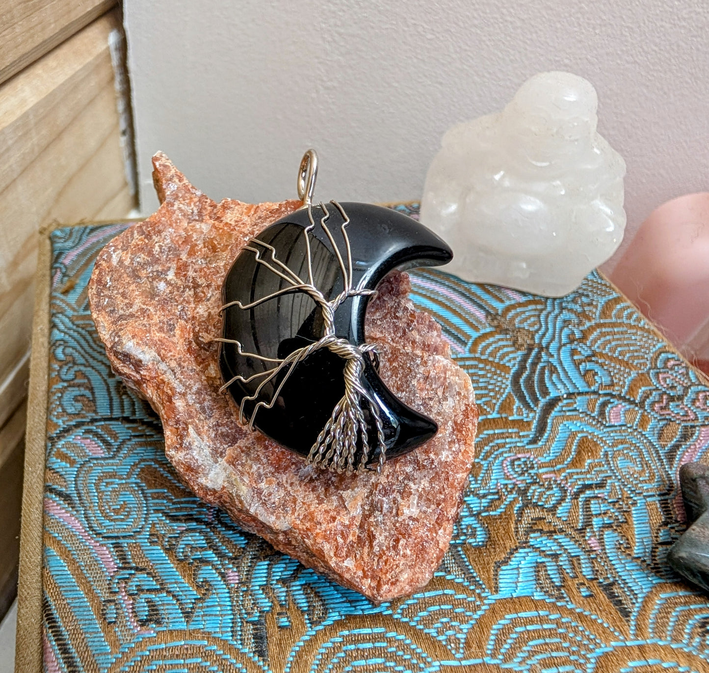 Obsidian Moon Pendant with Tree