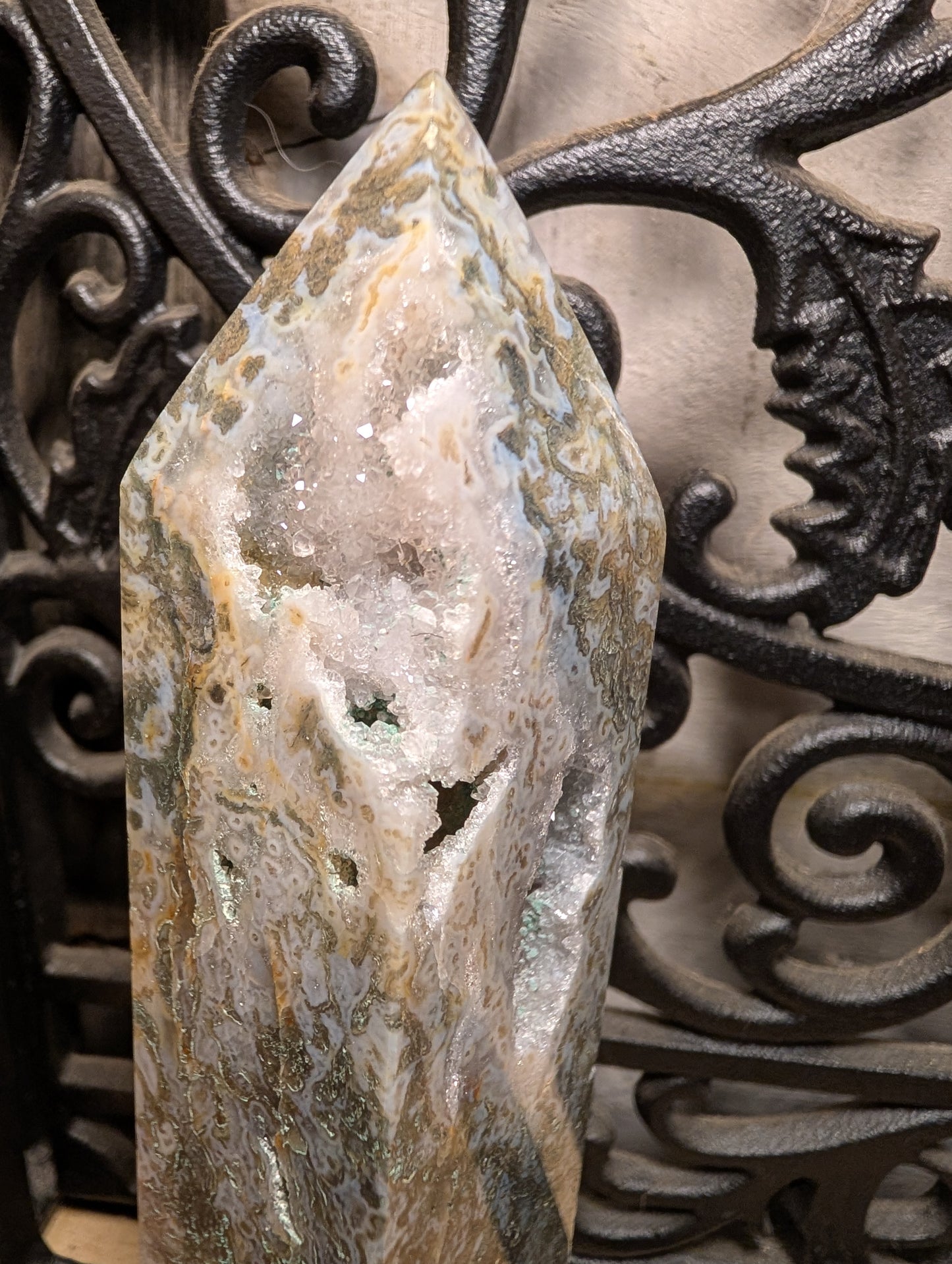 4. SALE Druzy Moss Agate Tower