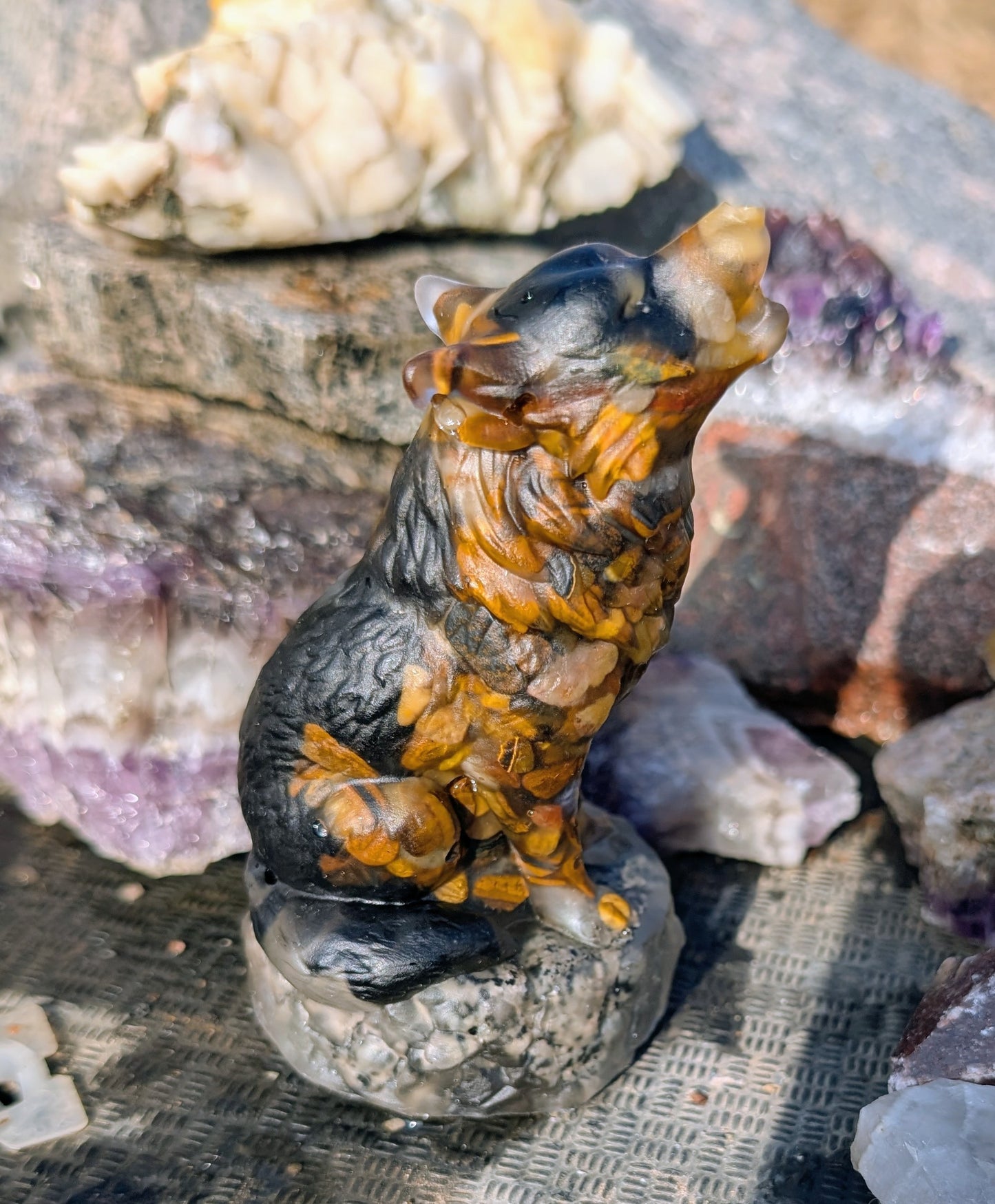Hand Crafted Tigers Eye and Obsidian Wolf, on Canadian Flame Stone base, Yooperlite