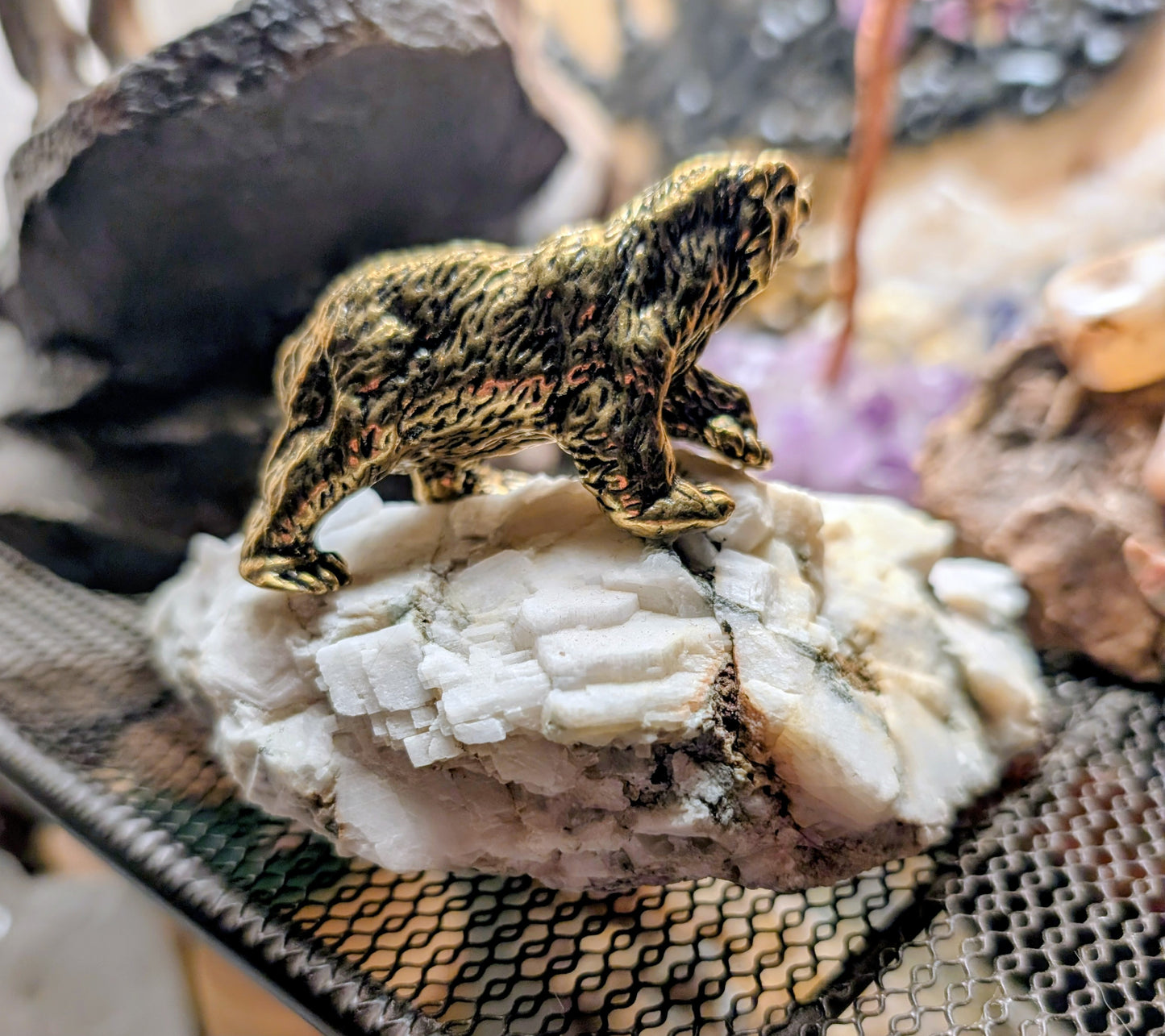 Canadian Calcite Specimen with Brass Polar Bear, Hand Crafted Art