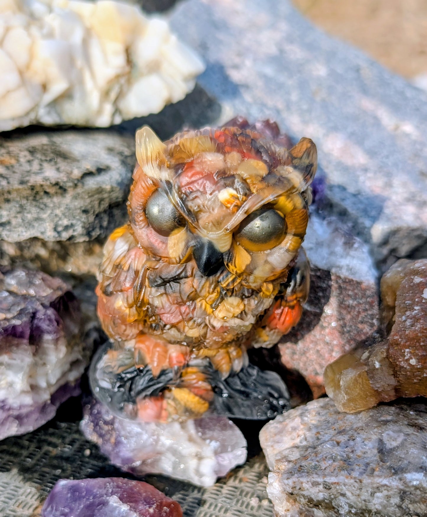 Hand Crafted Crystal Chip Owl with Pyrite Eyes