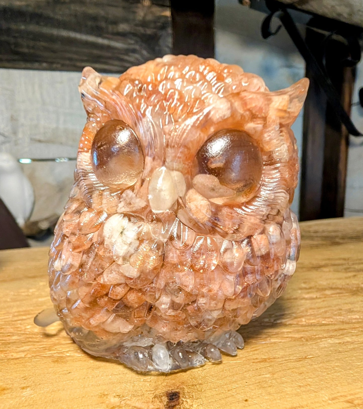 Hand Crafted Sunstone Crystal Chip Owl with Citrine Eyes