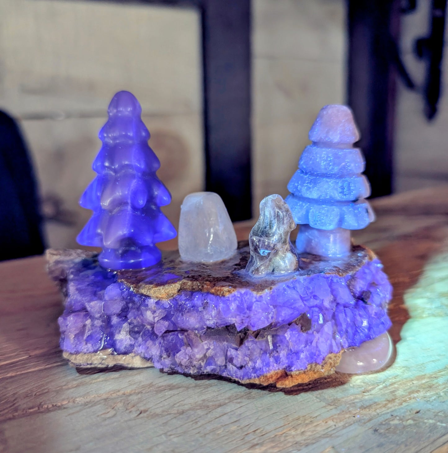 Canadian Fluorite Specimen with Fluorite Tree, Lepidolite Tree and Amethyst Wolf, Hand Crafted