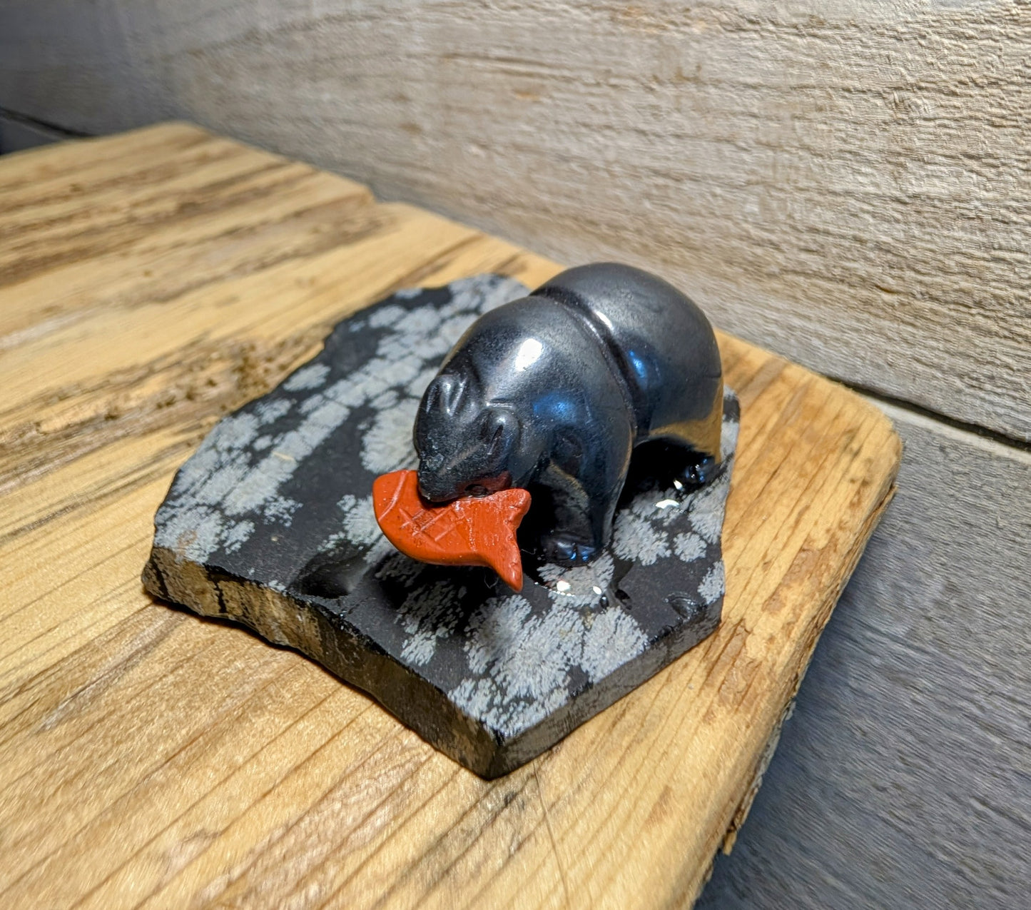 Hematite Bear on Snowflake Obsidian