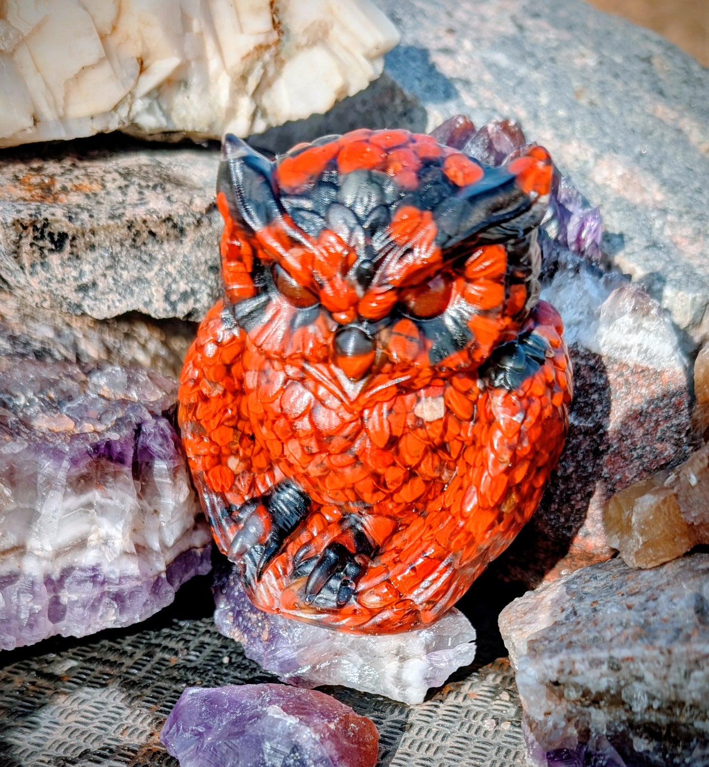 Hand Crafted Crystal Chip Owl with Carnelian Eyes
