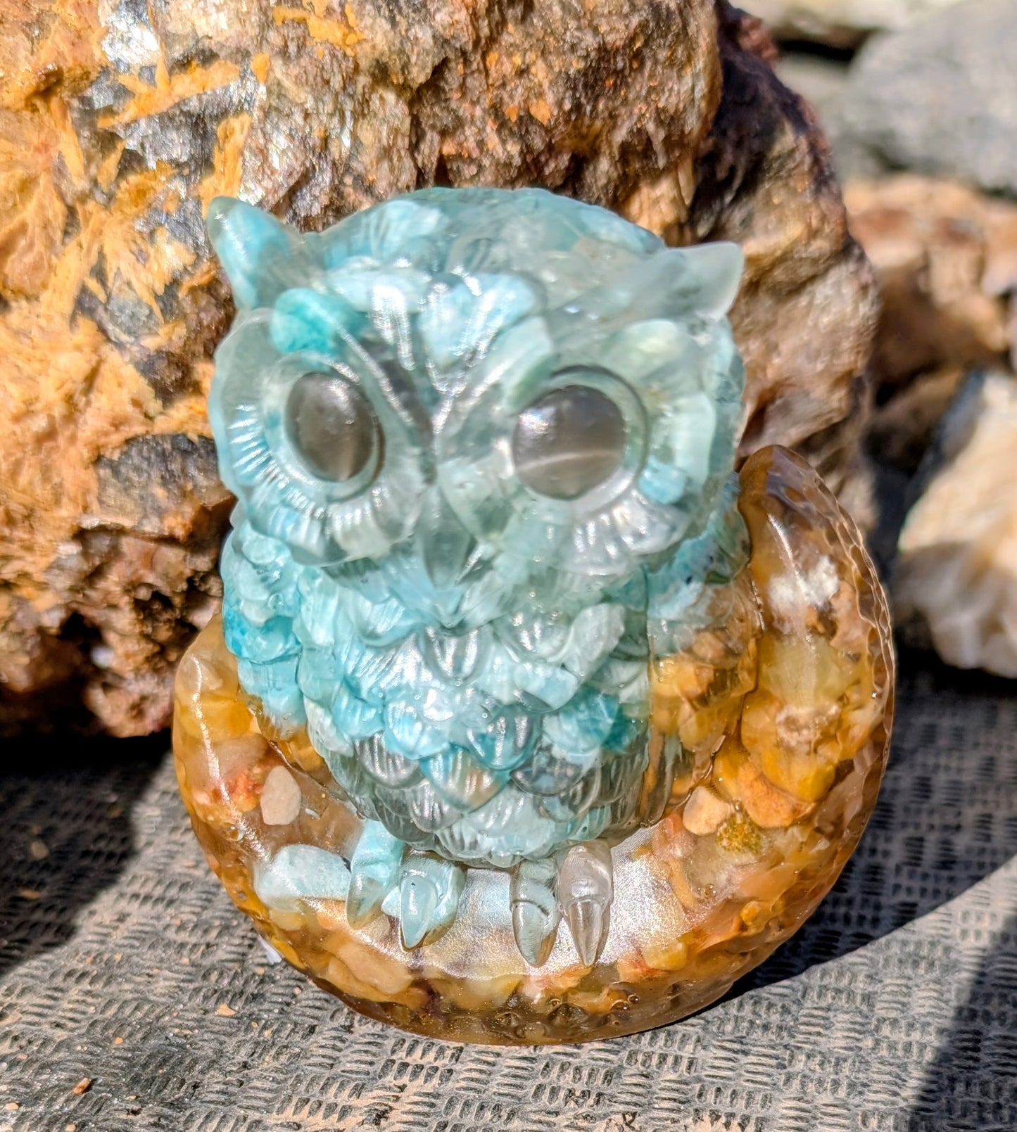 Hand Crafted Amazonite Crystal Chip Owl with Labradorite Eyes