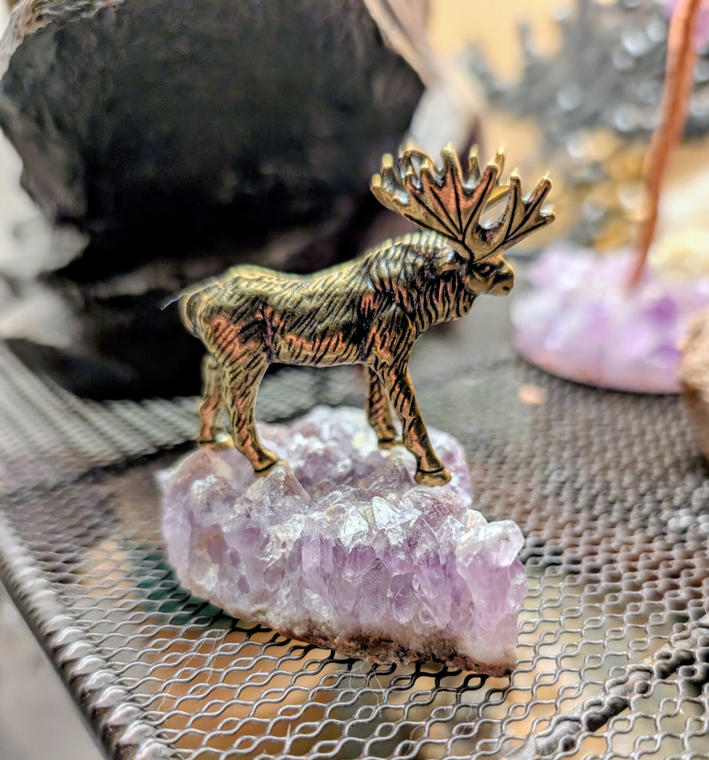 Canadian Amethyst Specimen with Brass Moose, Hand Crafted Art