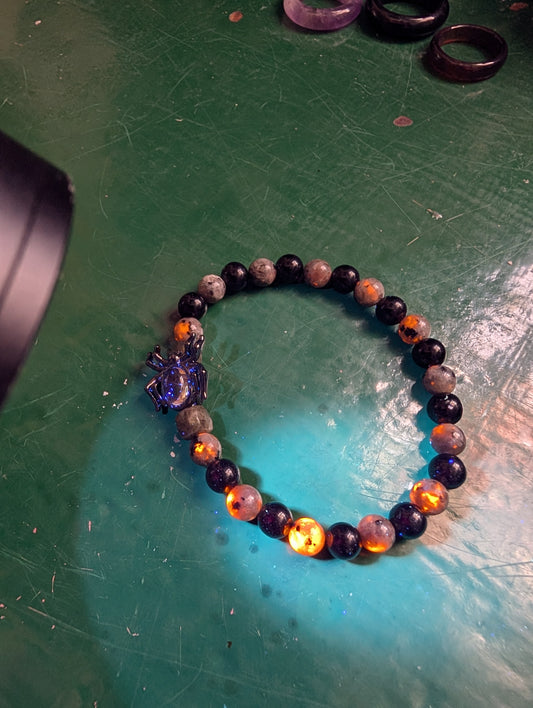 Yooperlite, Flame Stone Bracelet with Obsidian and Clear Quartz