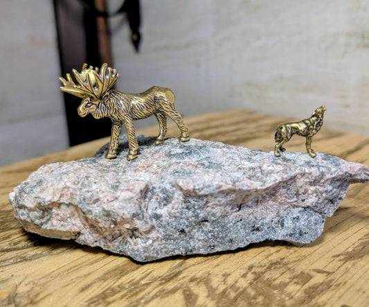 Canadian Flame Stone, Yooperlite with Brass Moose and Wolf