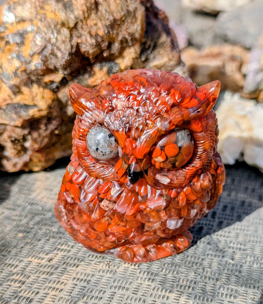 Hand Crafted Crystal Chip Owl with Canadian Flame Stone, Yooperlite Eyes
