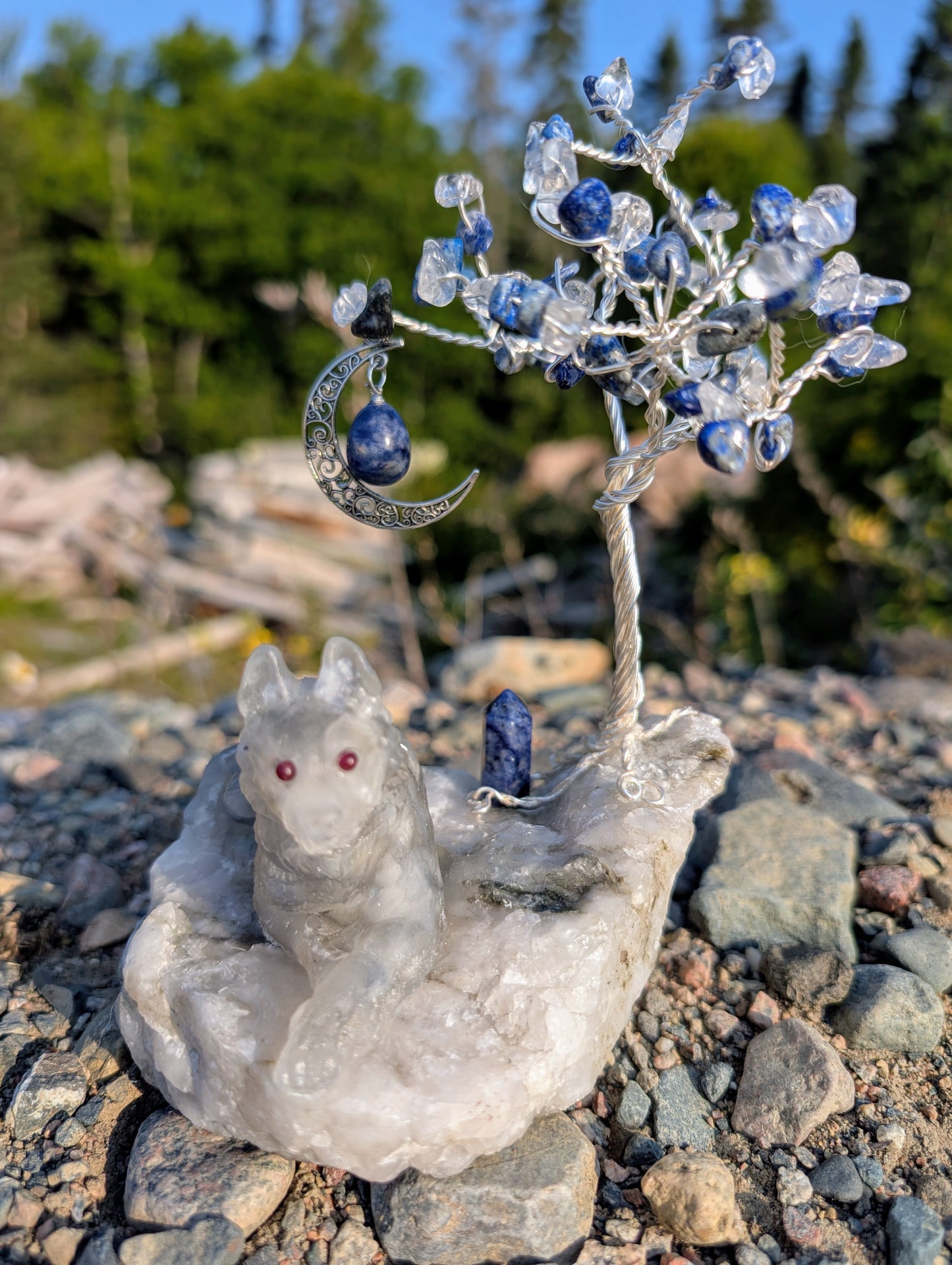 4. Hand Crafted Crystal Chip Labradorite Wolf with Lapis Lazuli Tower, Pendant and Tree