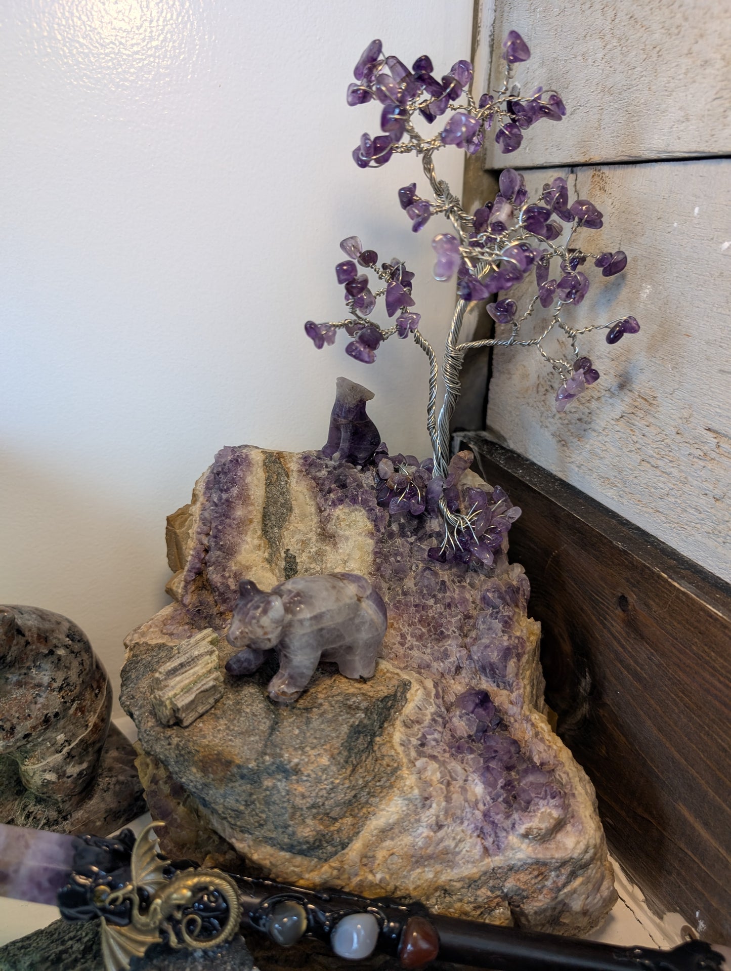 Handcrafted by Us, Amethyst Natural Crystal, Bear, Wolf and Silver Amethyst Tree