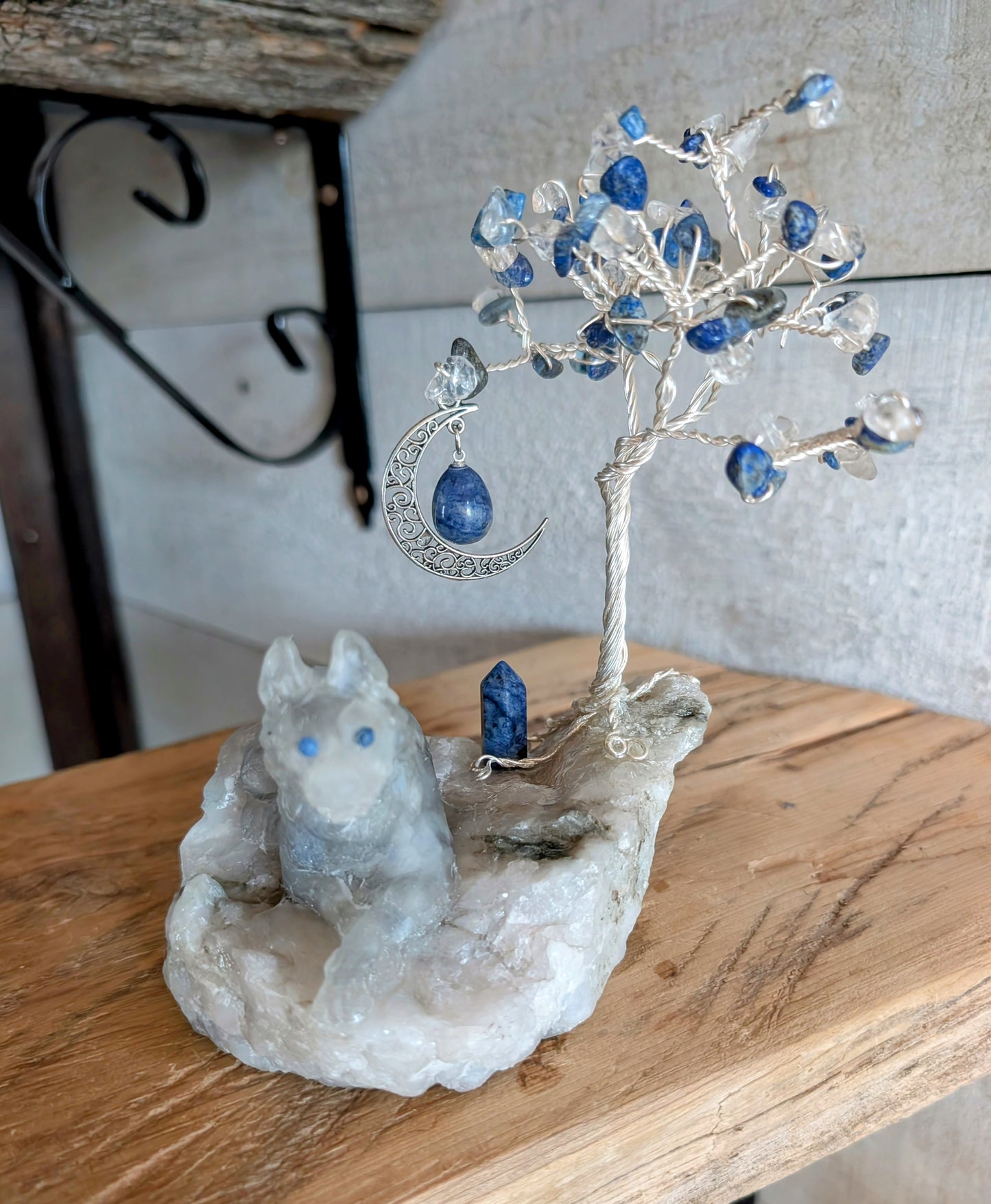 4. Hand Crafted Crystal Chip Labradorite Wolf with Lapis Lazuli Tower, Pendant and Tree