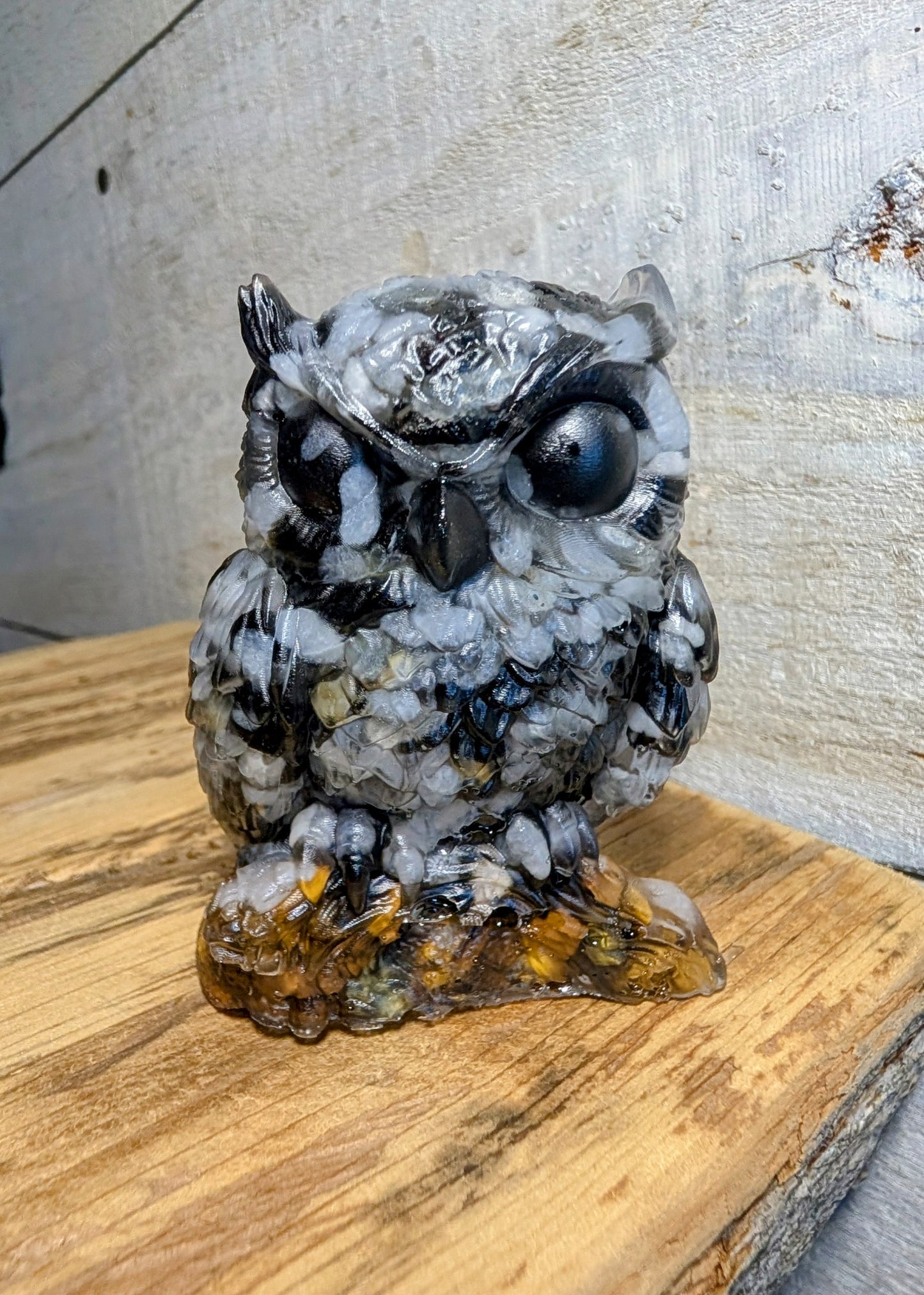 Hand Crafted Crystal Chip Owl with Obsidian Eyes