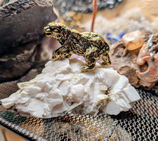 Canadian Calcite Specimen with Brass Polar Bear, Hand Crafted Art