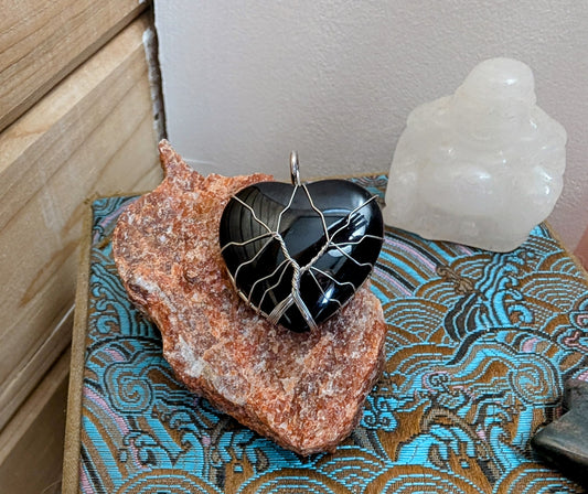 Obsidian Heart Pendant with Tree