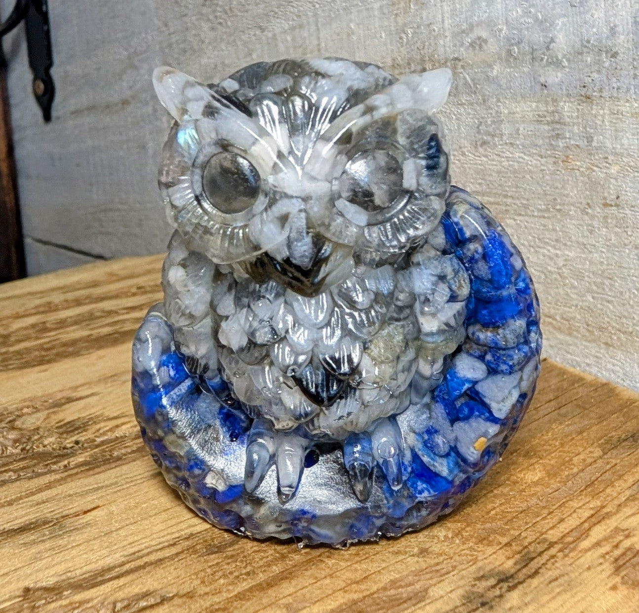 Hand Crafted Crystal Chip Owl, Lapis Lazuli Moon, Clear Quartz Eyes and Labradorite