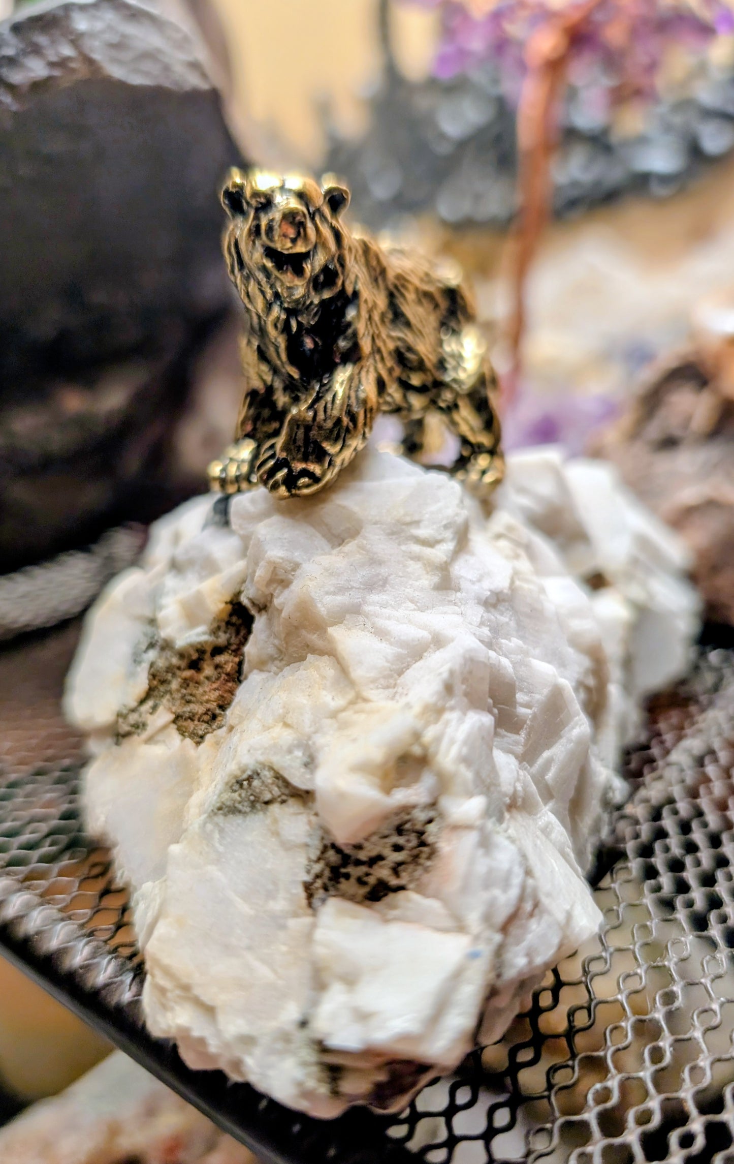 Canadian Calcite Specimen with Brass Polar Bear, Hand Crafted Art