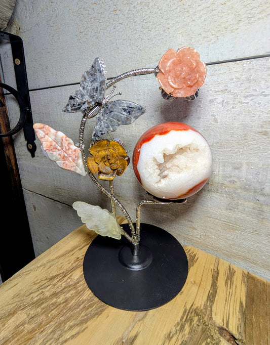 Canadian Flame Stone, Yooperlite Butterfly, Tigers Eye and Strawberry Quartz Flower Sphere Stand with Druzy Carnelian Sphere