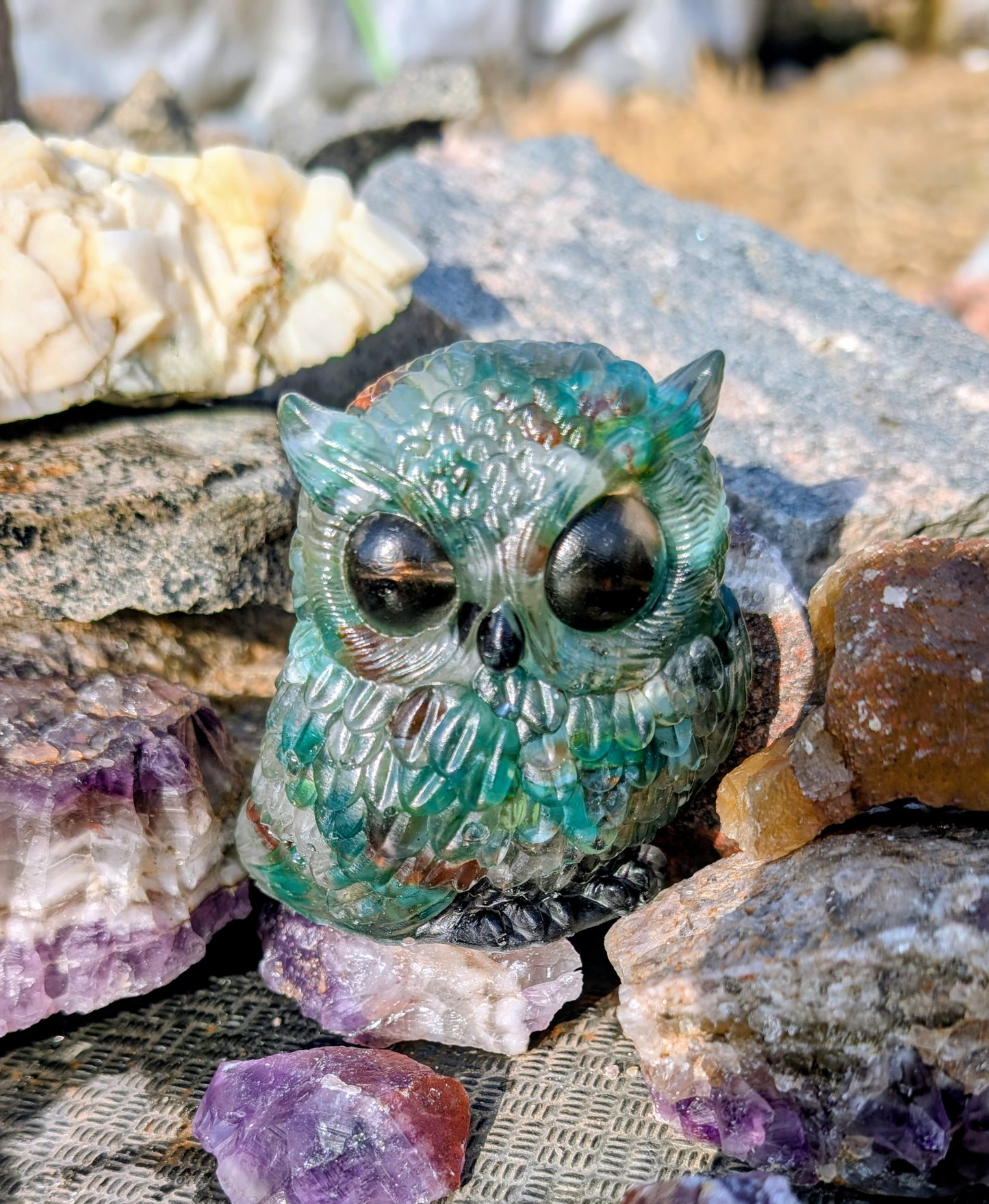 Hand Crafted Moss Agate Crystal Chip Owl with Smokey Quartz Eyes