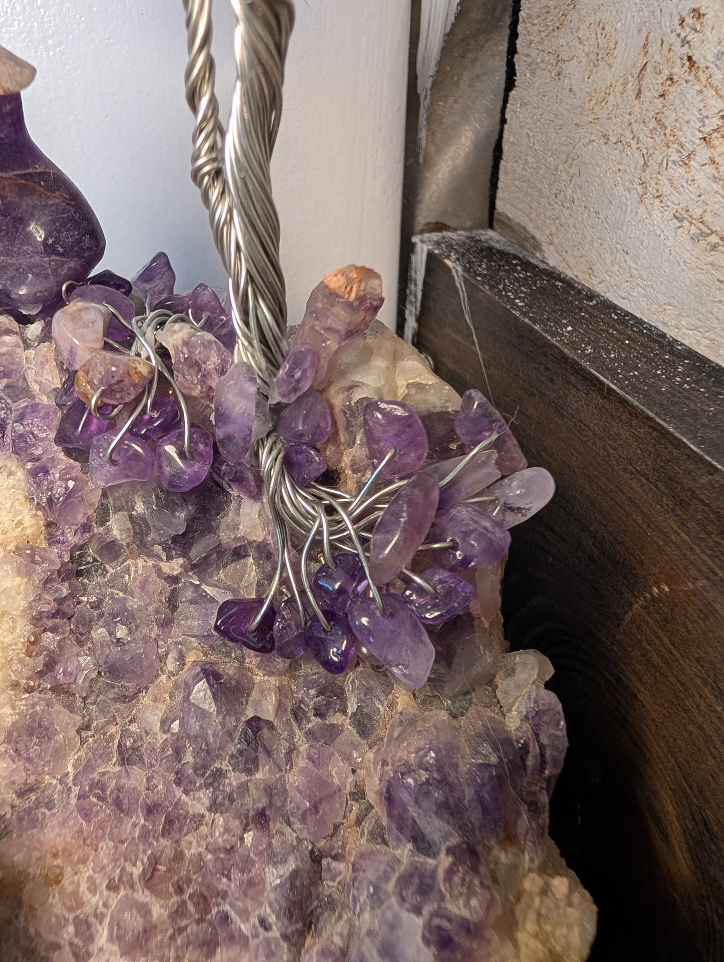 Handcrafted by Us, Amethyst Natural Crystal, Bear, Wolf and Silver Amethyst Tree