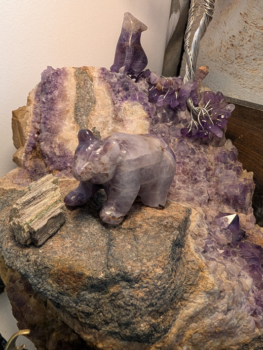 Handcrafted by Us, Amethyst Natural Crystal, Bear, Wolf and Silver Amethyst Tree