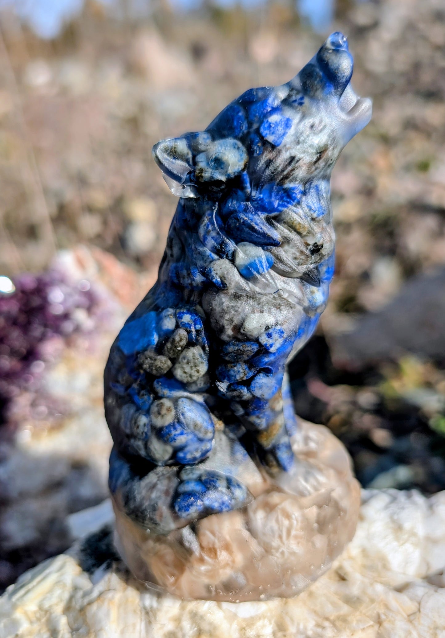 Hand Crafted Canadian Flame Stone, Yooperlite and Lapis Lazuli Wolf