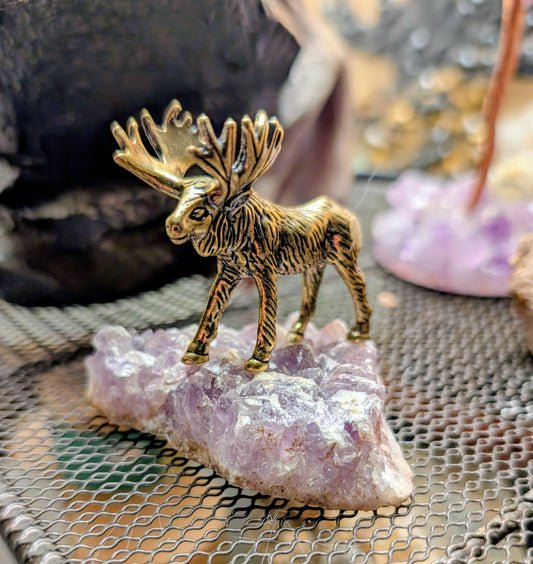 Canadian Amethyst Specimen with Brass Moose, Hand Crafted Art