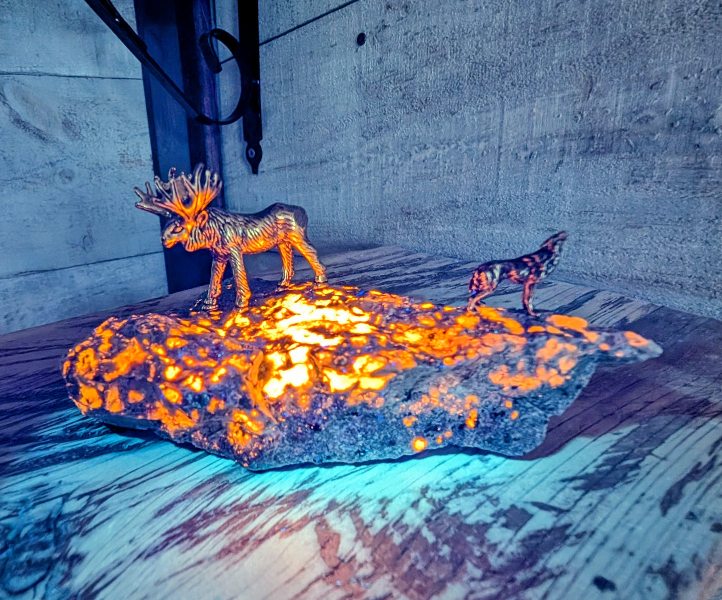 Canadian Flame Stone, Yooperlite with Brass Moose and Wolf