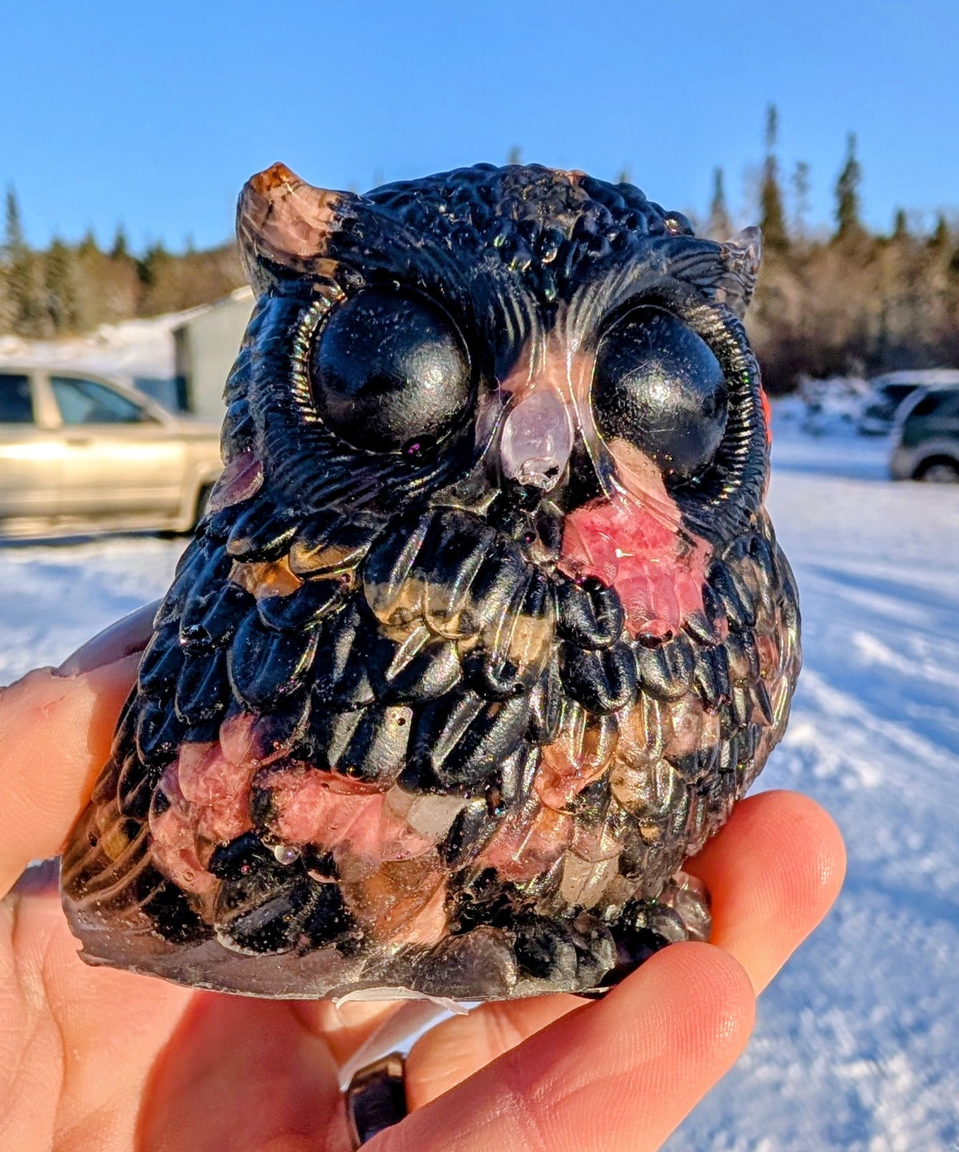 Hand Crafted Crystal Chip Owl with Smokey Quartz Eyes