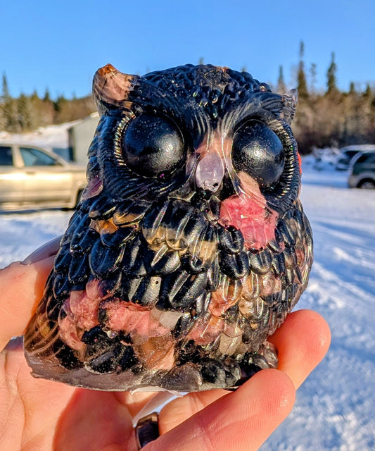 Hand Crafted Crystal Chip Owl with Smokey Quartz Eyes