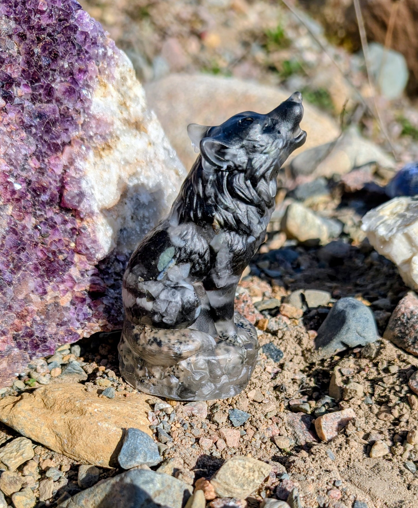 Hand Crafted Canadian Flame Stone, Yooperlite and Obsidian Wolf