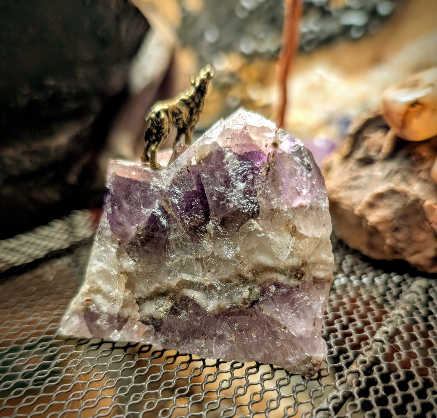 Canadian Amethyst Specimen with Brass Wolf, Hand Crafted Art
