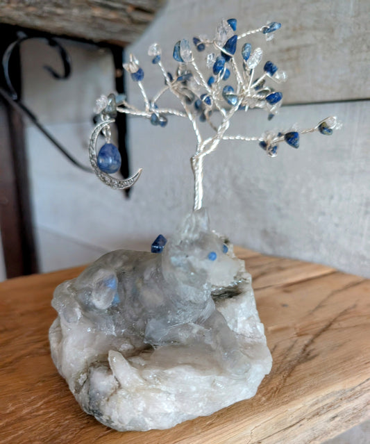 4. Hand Crafted Crystal Chip Labradorite Wolf with Lapis Lazuli Tower, Pendant and Tree