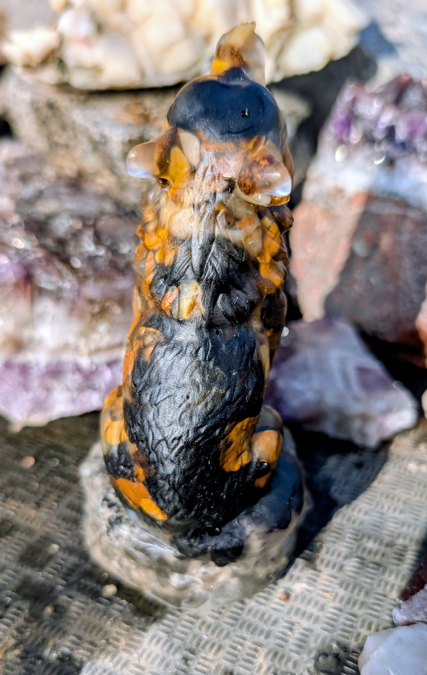 Hand Crafted Tigers Eye and Obsidian Wolf, on Canadian Flame Stone base, Yooperlite