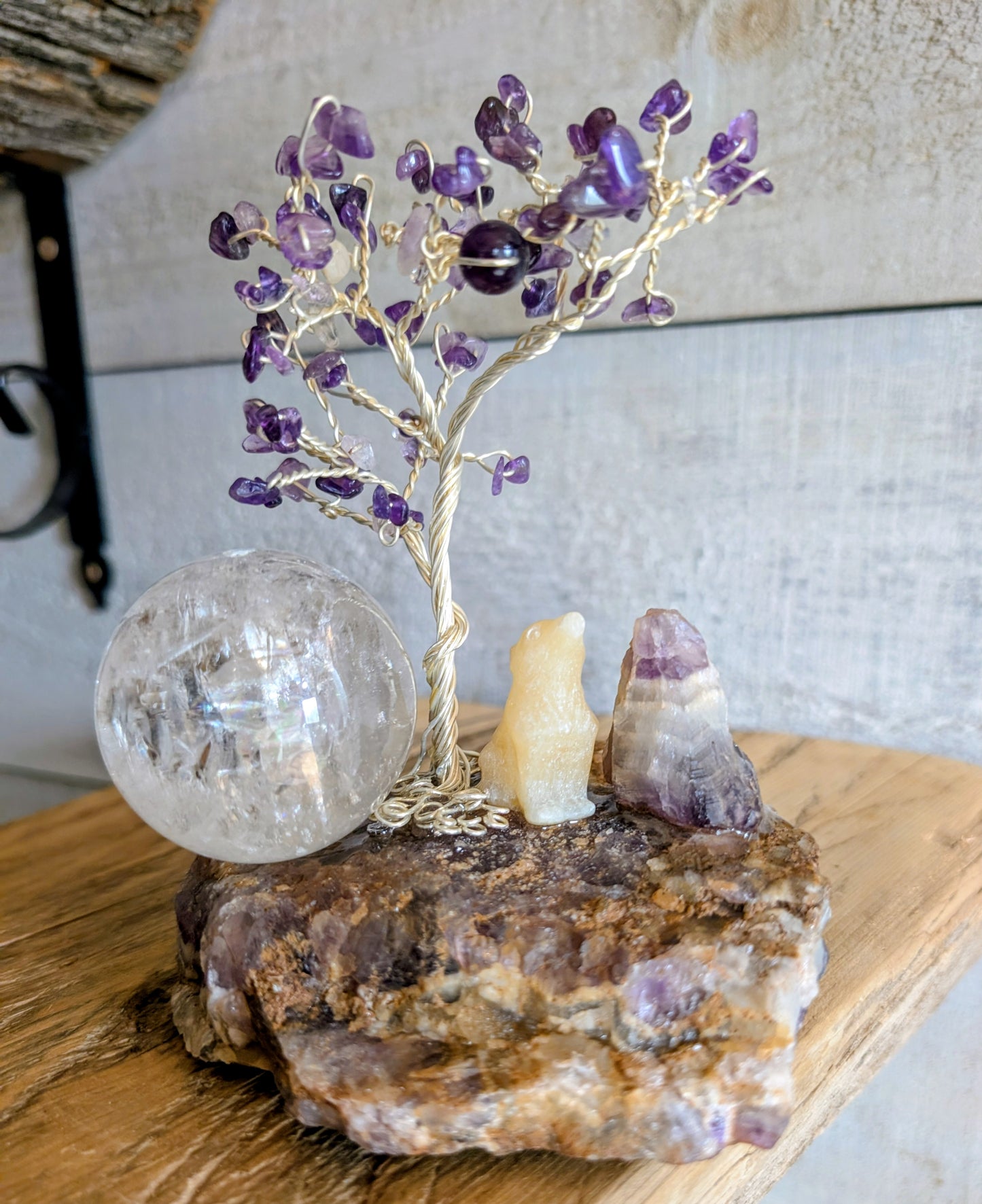 Canadian Amethyst Specimen with Tree and Wolf, Hand Crafted