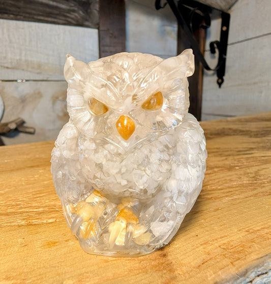 Hand Crafte Crystal Chip Owl with Citrine and Yellow Jade
