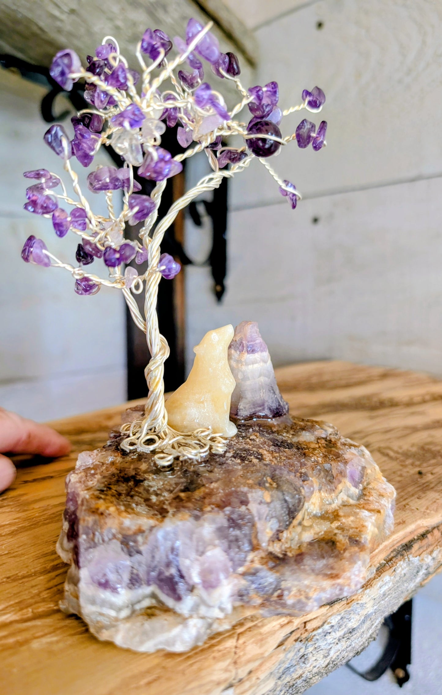 Canadian Amethyst Specimen with Tree and Wolf, Hand Crafted
