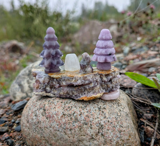 Canadian Fluorite Specimen with Fluorite Tree, Lepidolite Tree and Amethyst Wolf, Hand Crafted