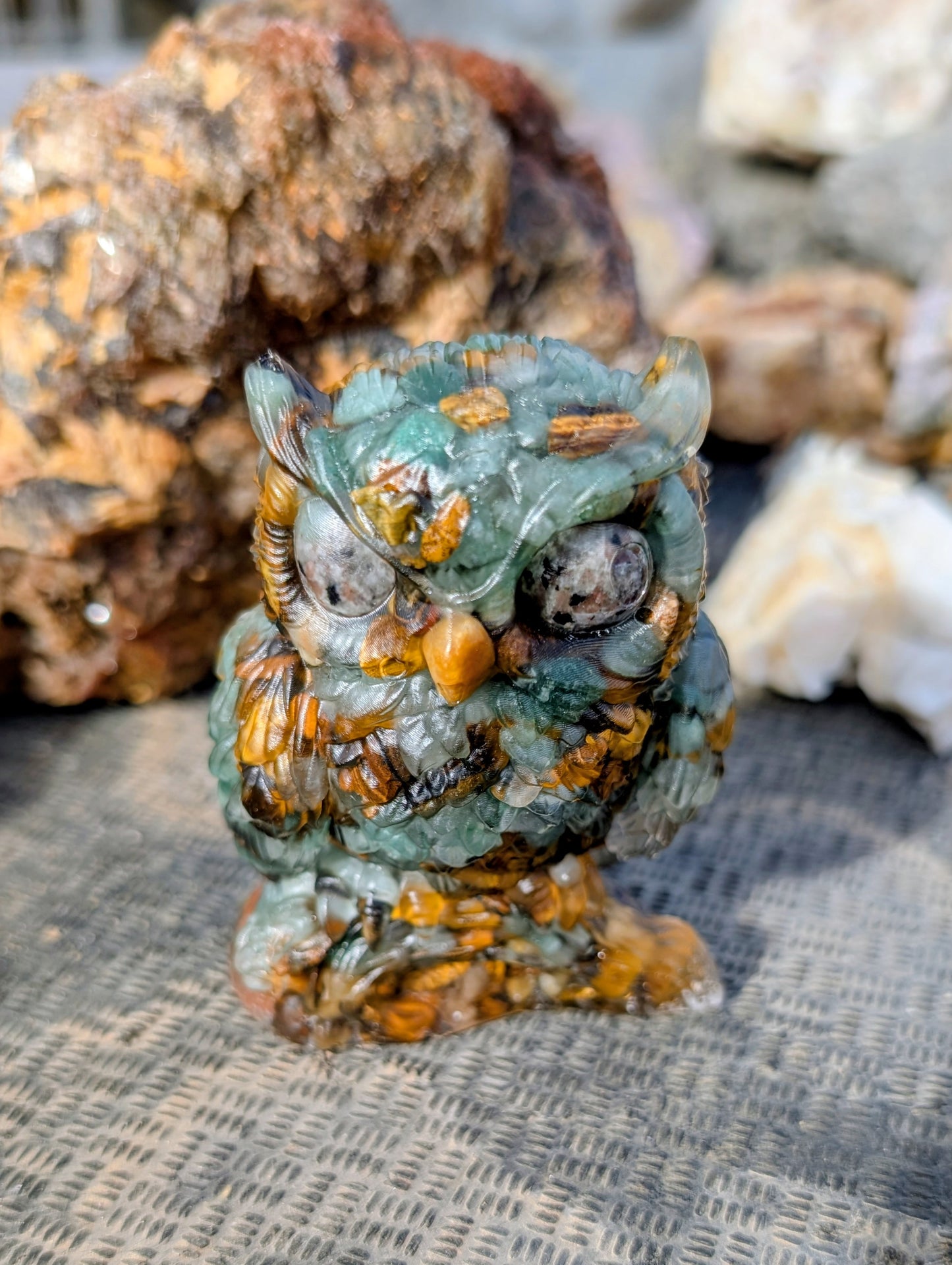 Hand Crafted Crystal Chip Owl with Canadian Flame Stone, Yooperlite Eyes