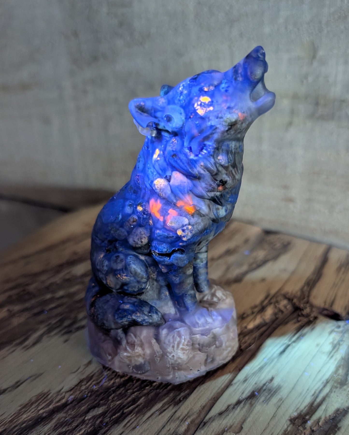 Hand Crafted Canadian Flame Stone, Yooperlite and Lapis Lazuli Wolf