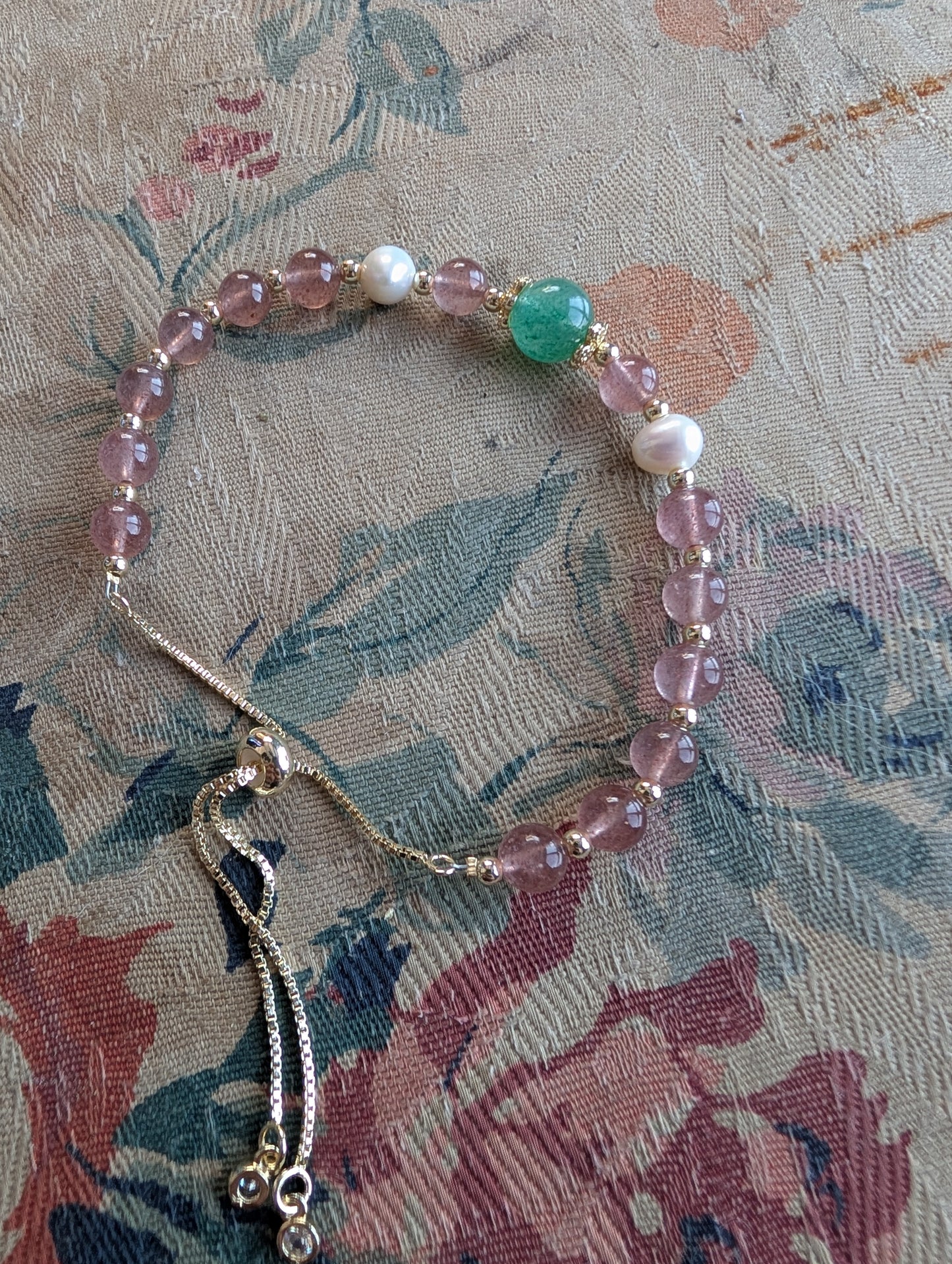 Crystal Strawberry Quartz, Aventurine and Pearl Bracelet