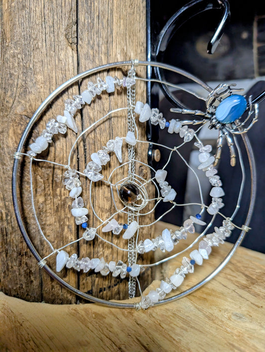 Blue Agate Spider Pin on Crystal Chip Web Hand Crafted