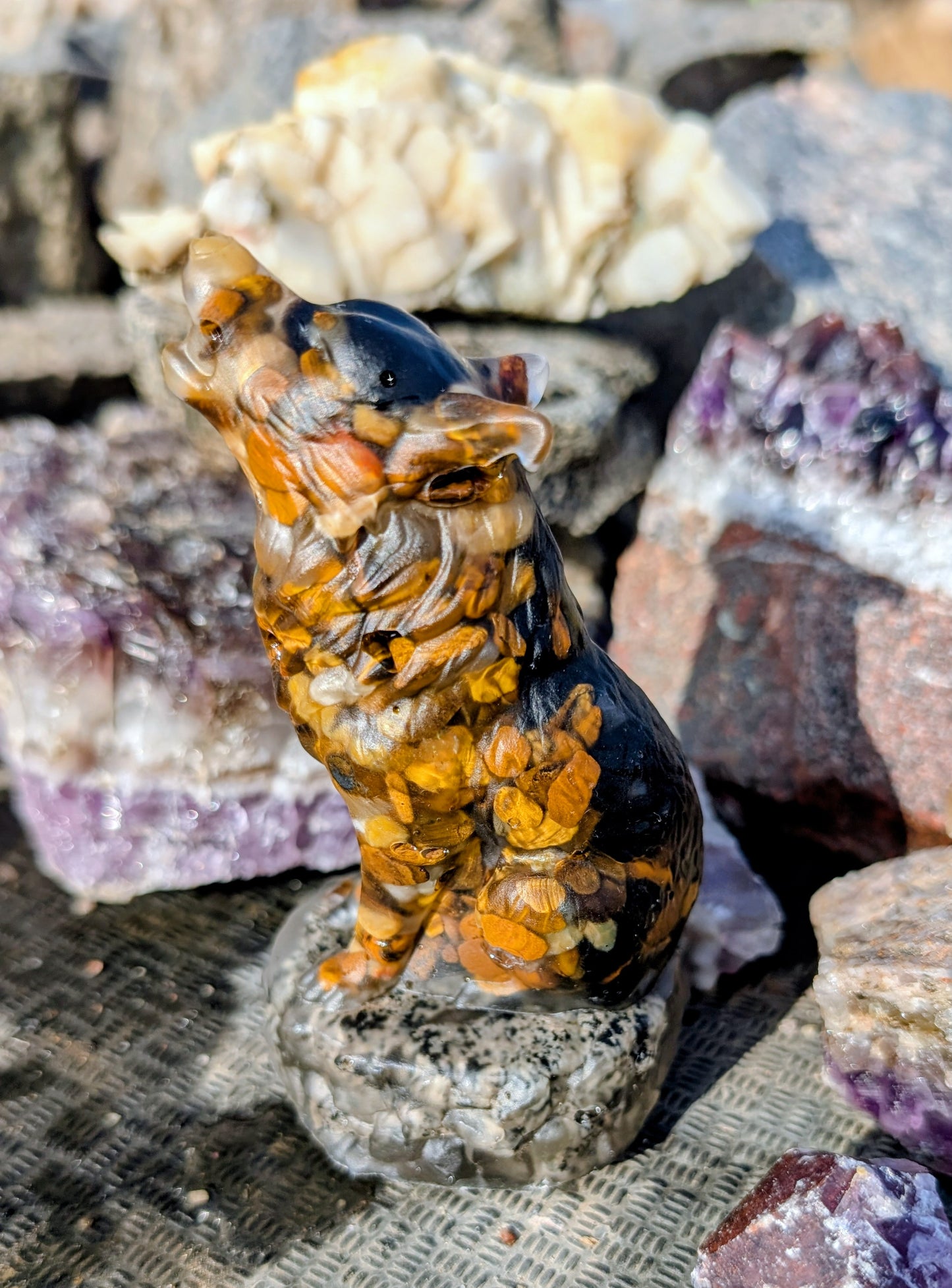 Hand Crafted Tigers Eye and Obsidian Wolf, on Canadian Flame Stone base, Yooperlite