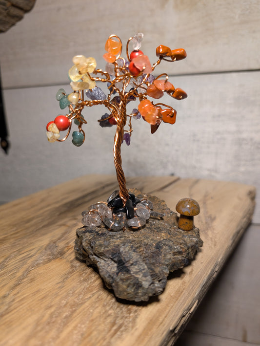 7 Chakra Tree on Free Form Tourmaline and Quartz, Handcrafted