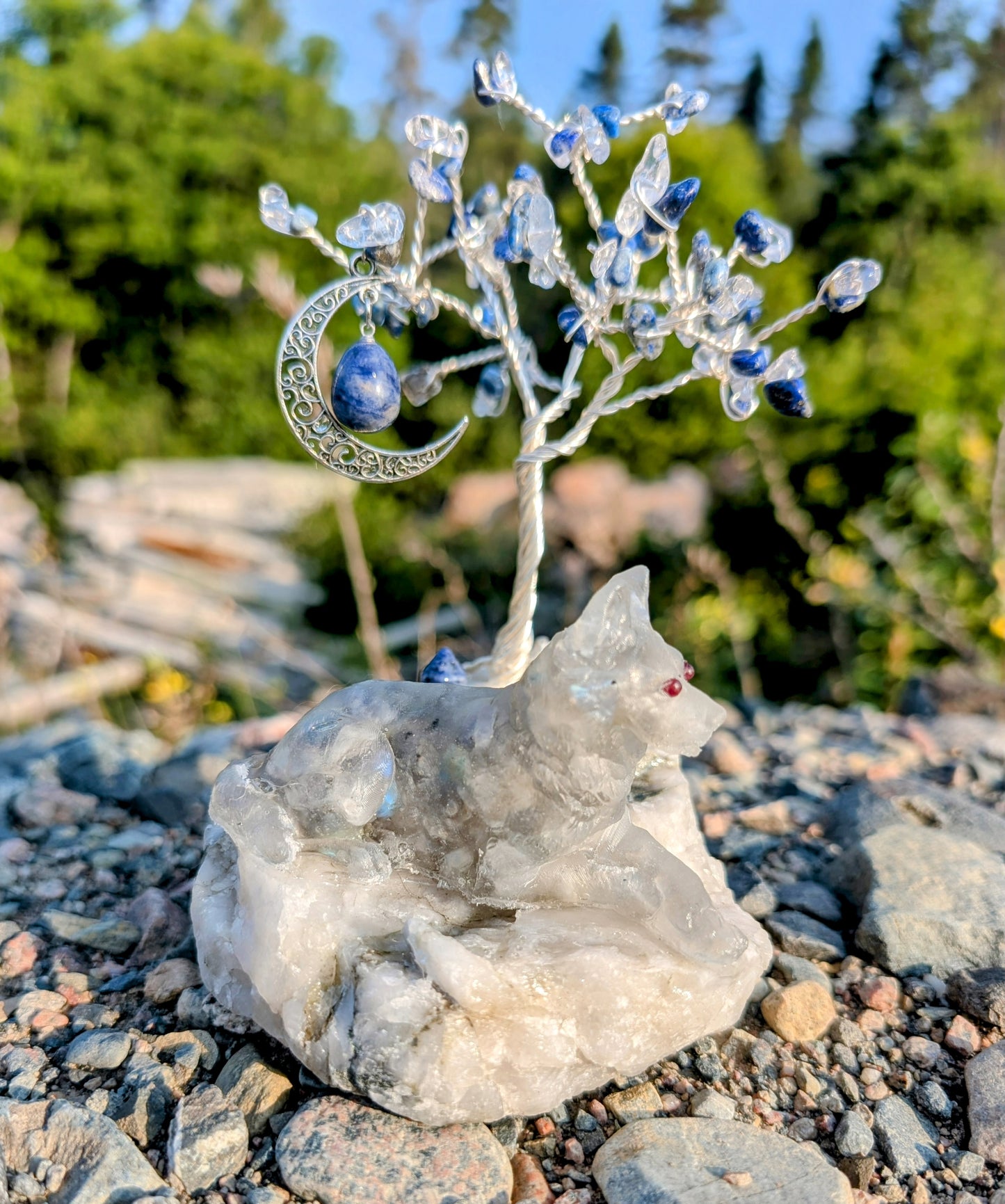 4. Hand Crafted Crystal Chip Labradorite Wolf with Lapis Lazuli Tower, Pendant and Tree