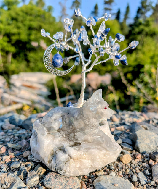 4. Hand Crafted Crystal Chip Labradorite Wolf with Lapis Lazuli Tower, Pendant and Tree