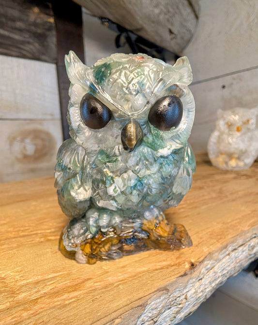 Hand Crafted Moss Agate Crystal Chip Owl with Obsidian Eyes