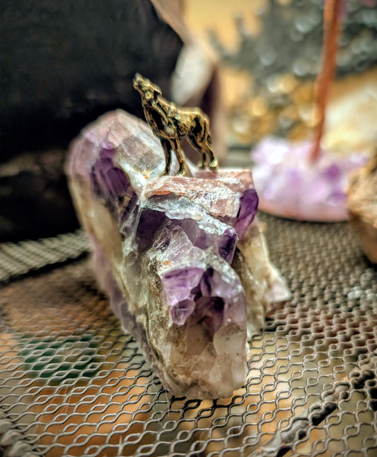 Canadian Amethyst Specimen with Brass Wolf, Hand Crafted Art