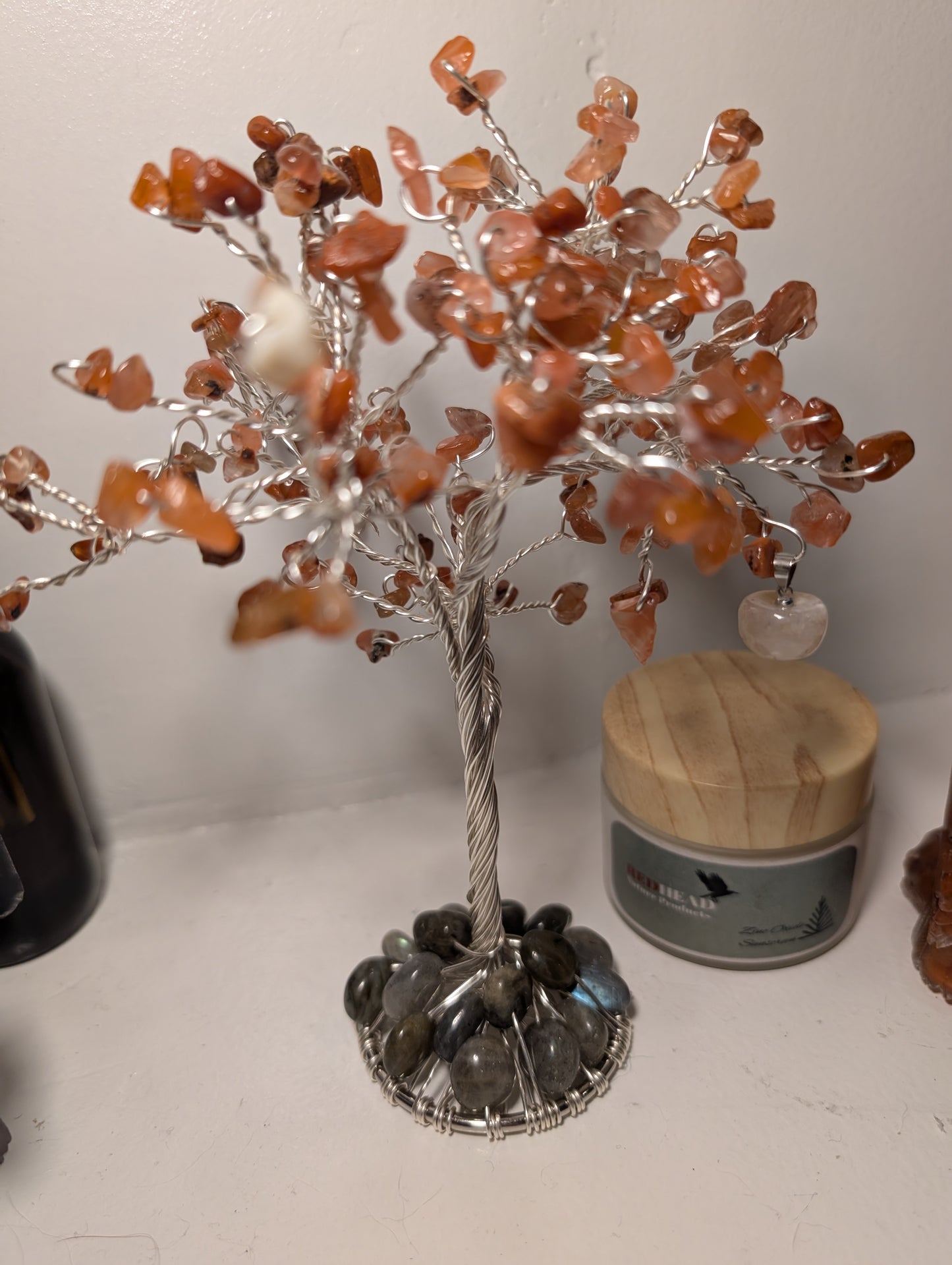 Carnelian Crystal Chip Tree Handmade, with Labradorite Crystal Chip base and Flower Agate Apple